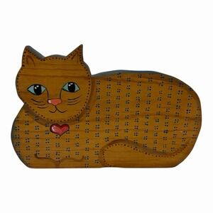 Wooden Cat Accent Laying Down 8" Length Painted Blue Eyes Cottage Core Folk Art